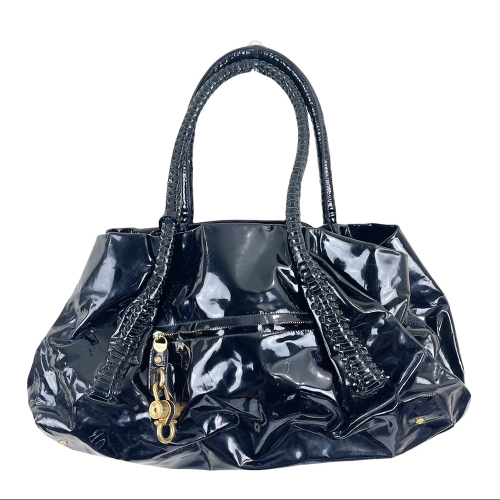 Salvatore Ferragamo Large Patent Leather Braided Handle Lock Hardware Ho…